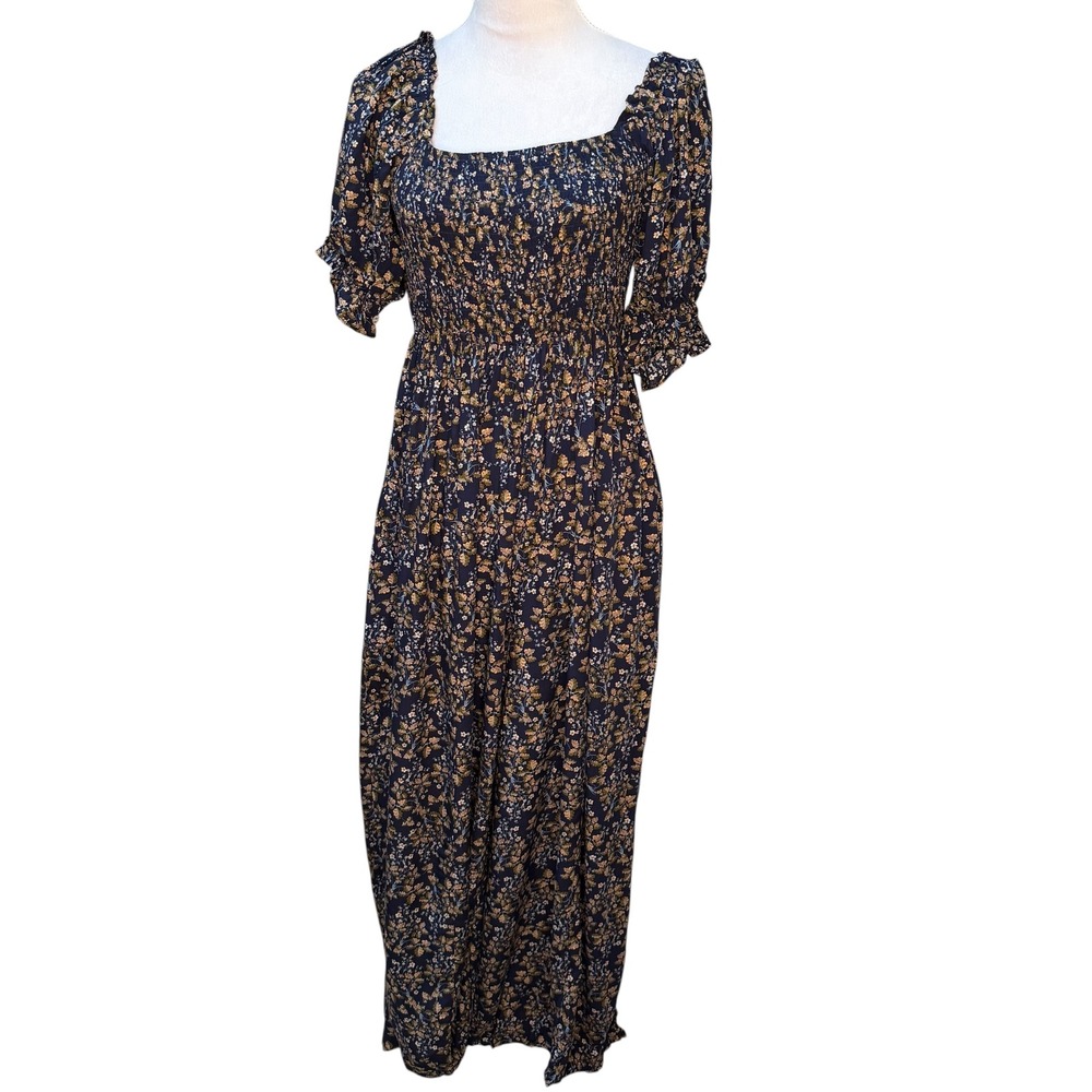Elloh Floral Smocked Wide Leg Jumpsuit Navy Blue Puff Sleeve EE1143 Womens L